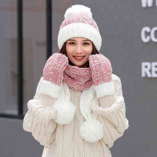 Mode coréenne femmes hiver chapeau écharpe gants 3 pièces ensemble gris blanc rose rouge noir épaissi laine chapeaux écharpes pour étudiants cadeau