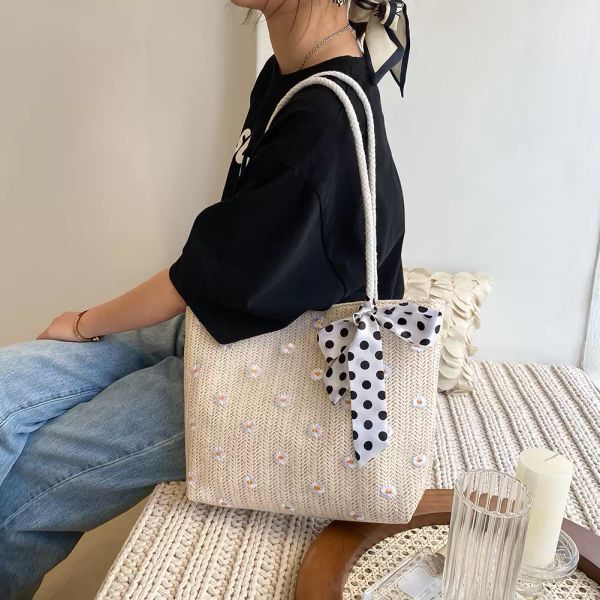 Mode dentelle nœud papillon marguerite impression tissé grande capacité sacs à bandoulière pour femmes été décontracté solide dames Shopping sacs à main