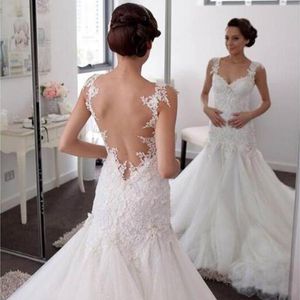 Robes de mariée sirène en dentelle de mode sans manches col transparent Scoop balayage train Tull Applique robes de mariée robe de mariée sur mesure