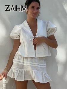 Mode veter uit holle shirts rokken pakken dames korte puff mouw elastische taille geplooide rokpak vrouwelijke zomer dame set 240423