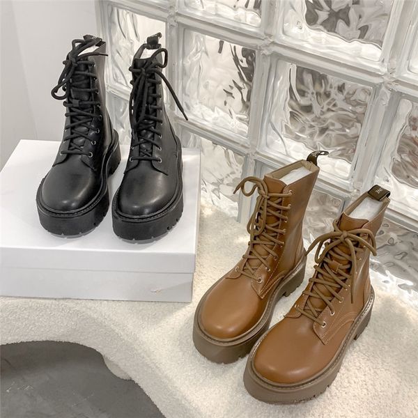 Botas Martin con cordones a la moda, zapato de plataforma para mujer, bota de motocicleta de estilo británico con punta redonda marrón