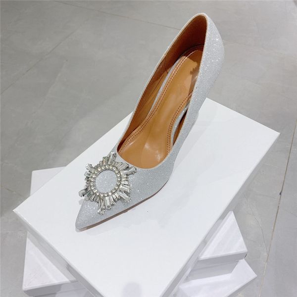 Zapatos de vestir de moda para mujer, estilete, flor de sol, hebilla de diamantes de imitación, copa de vino con zapatos de punta puntiaguda, tacones de fiesta de dama de honor de boda de diseñador