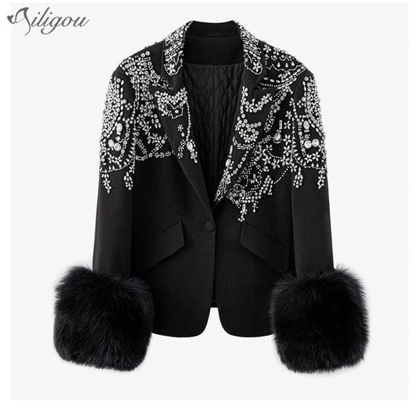 Moda damas chaqueta negro blanco sexy con cuello en v abrigo diamante decoración extraíble pelo puño delgado 210525