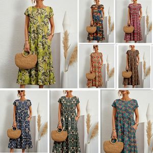 Fashion dames losse katoenen linnen mouwloze ronde nek bedrukte zomerjurk 167
