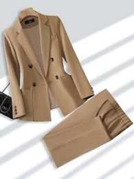 Mode Dames Broekpak Formeel Dames Kantoor Zakelijk Werkkleding Blazer En Broek Beige Zwart Kaki 2 Delige Set Met Zak 240106