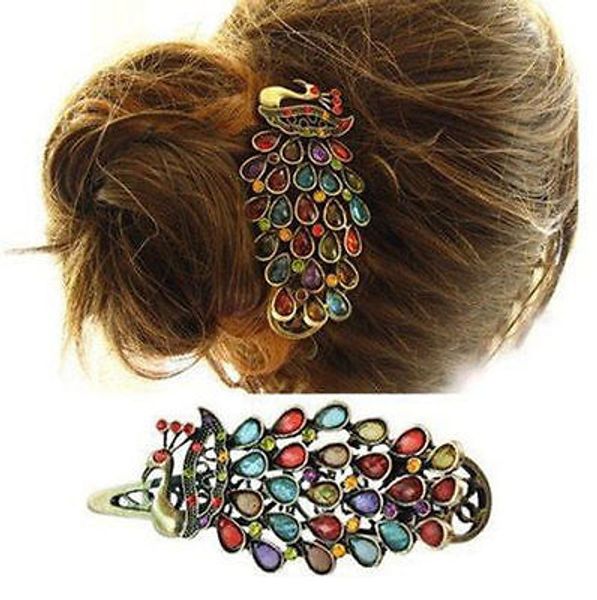 Pinza para el pelo con pasador de pavo real con diamantes de imitación coloridos Vintage para mujer a la moda UK #R48