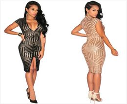 Fashion dames vneck bodycon Sheat pailins robe courte manche fête robes sexy vestiges vestiges sexy robe serrée 9212214