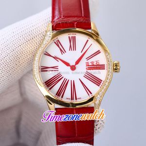 Mode dameshorloges 428.58.36.60.11.001 Swiss Quartz Womens Horloge Wit Dial Red Roman Markers Diamanten Bezel 18K Gold Case Rood Lederen TimeZonewatch E435A (2)