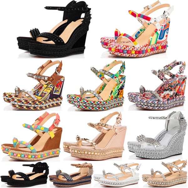 Mode Dames Compensées Sandales Escarpins Luxe Madmonica Talons Hauts Italie Beaux Rivets Gladiato Bride À La Cheville En Cuir Designer Robe De Soirée Wedge Sandal Box EU 35-43