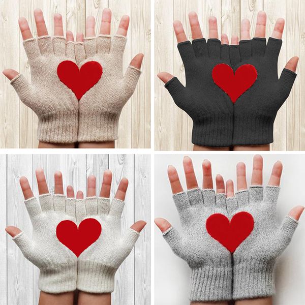 Gants en laine pour femmes et hommes, à la mode, automne-hiver, chaud, rouge, amour, cœur, impression, demi-doigt, gants épais sans doigts