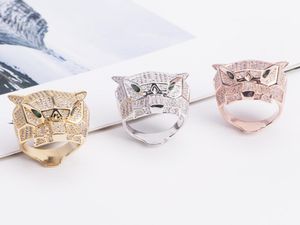 Anillos de compromiso de boda de oro de 18 quilates con cabeza de leopardo y circonita de ojos verdes con diamantes llenos de latón a la moda para mujer 3 colores tamaño 695516075