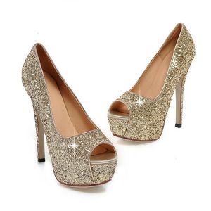 Moda Lady Gorgeous Nightclub Zapatos de noche Sandalias de tacones súper altos Zapatos de vestir de mujer Zapatos de vestir de novia de boda de oro Peep Toes314E