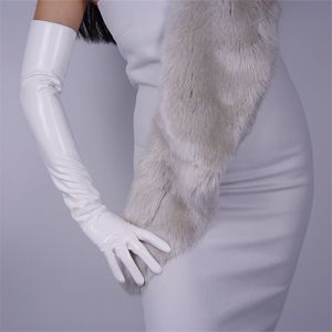 Guantes largos de charol para mujer a la moda Codo extralargo PU Simulación de cuero Espejo brillante Rosa claro 60cm T09