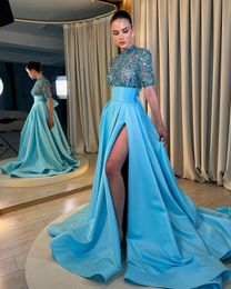 Robe de soirée Blue A-Line Blue 2024 Couper haut manches courtes paillettes Crystal Long Prom Birthday Formal Robe de Soiree Casamento