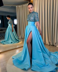 Fashion Lake Blue A-Line Avond Jurk 2024 Hoge nek korte mouwen pailletten kristal lange prom verjaardag formele jurken gewaad de soiree casamento