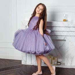 Mode Lavendel Bloemenmeisje Jurk Oneck Baljurk Baby Verjaardagsfeestje Jurken Tule Korte Dans Robe de Bal 240312