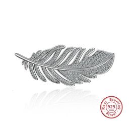 Mode feuille plume 925 broches en argent sterling pour les femmes corsages avec broche en cristal brillant grande écharpe vêtements accessoires 240320