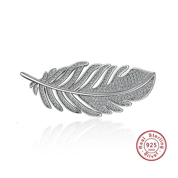 Mode feuille plume 925 broches en argent sterling pour les femmes corsages avec broche en cristal brillant grande écharpe vêtements accessoires 240320