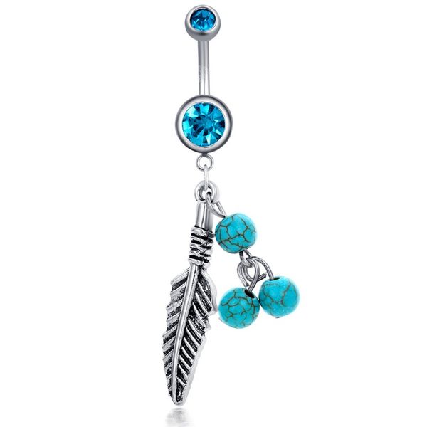 Mode feuille Turquoise pendentif nombril anneaux femmes Simple à la main en acier inoxydable nombril anneaux corps Piercing bijoux