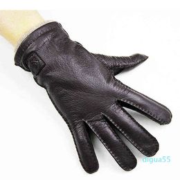 Mode cuir gants en peau de daim hommes Style rétro cousu à la main droite marron laine doublure automne chaud doigt gants