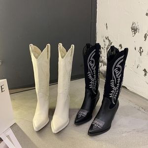Cuir Fashion EMED 223 Microfibre Point Toe Western Cowboy Femmes Gnee-High Boots Chunky Cendges 230807 928