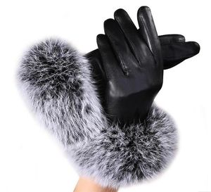 Mode-lederen handschoenen voor vrouwen nieuwe dames konijnenbont PU lederen warme handschoenen zwarte wanten winter full palm touchscreen fluwelen handschoen G037
