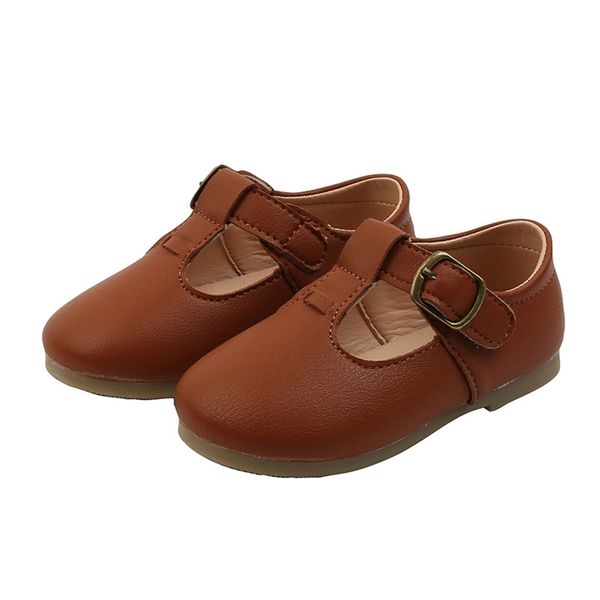 Zapatos de cuero de moda para niñas Simple T-Strap Kids Flats Brown Black Beige Color Niños Casual Soft Antideslizante 21-30 220225