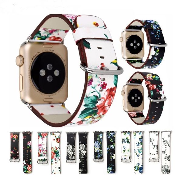 Bracelets en cuir de mode pour Apple Watch Ultra 49mm 41mm 45mm 42/44mm 38/40mm bandes iwatch série 8 7 6 SE 5 4 3 bracelet à fleurs imprimés floraux bracelet de montre