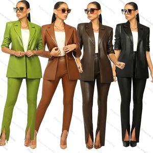 Mode cuir femmes Blazer ensemble à manches longues coupe ajustée veste et pantalon à jambes larges 2023 élégant survêtement 2 pièces tenues