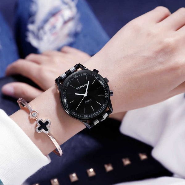 Reloj de cuarzo para hombre y mujer, esfera grande, tendencia de ocio, cinturón de lona blanco y negro, estilo universitario, reloj de cuarzo