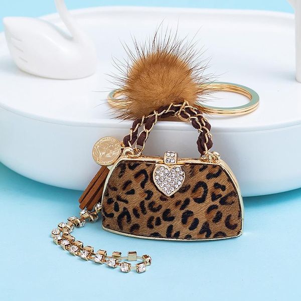 Mode imprimé léopard balle sac à main porte-clés charme pour femmes sac pendentif luxe porte-clés voiture chaîne mignon porte-clés