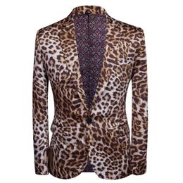 Fashion Leopard Print Blazer Jacket Men One Button Slim Fit Night Club Bar Suit Blazer Male Scarner Singer Rock and Roll Costumes 222C