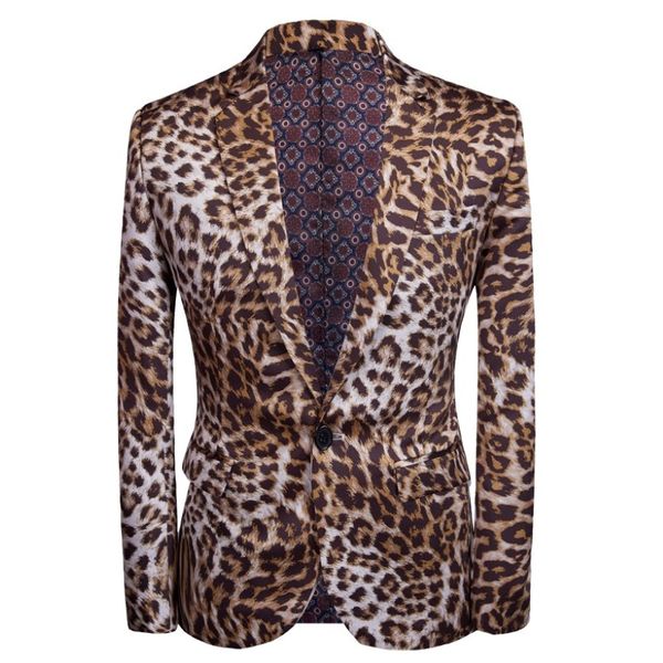 Fashion Leopard Print Blazer Jacket Men One Button Slim Fit Night Club Bar Suit Blazer Male Scarner Singer Rock and Roll Costumes 222C