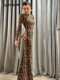 Robe Maxi moulante imprimée léopard, élégante, col mi-haut, manches longues, Slim, Robes de bal de fête pour dames, 2024, 240323