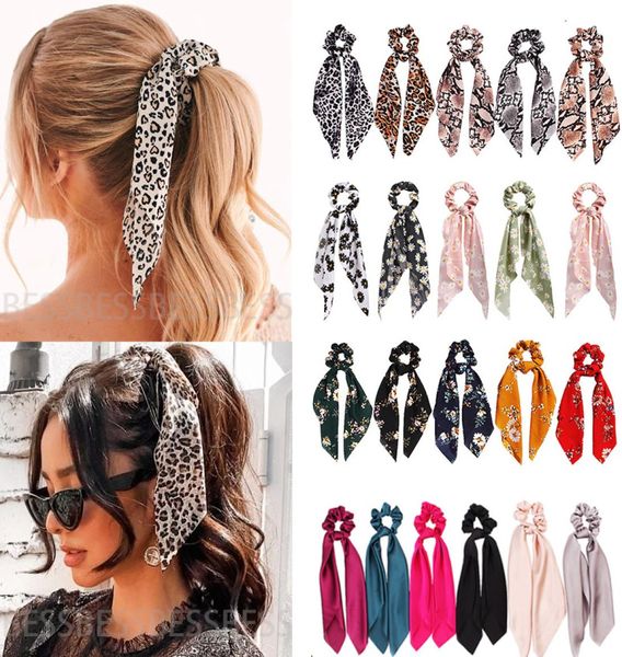 Moda Estampado de leopardo Lazo Satén Cinta larga Cola de caballo Bufanda Corbata para el cabello Scrunchies Mujeres Niñas Diadema elástica Accesorios para el cabello 20pc1597656