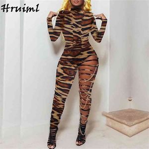 Fashion Léopard Print Jumpsuit Femmes Automne Manches longues PLUS Body Body Sexy Hollow Out Rompers Clubwear Aucune chaîne 210513