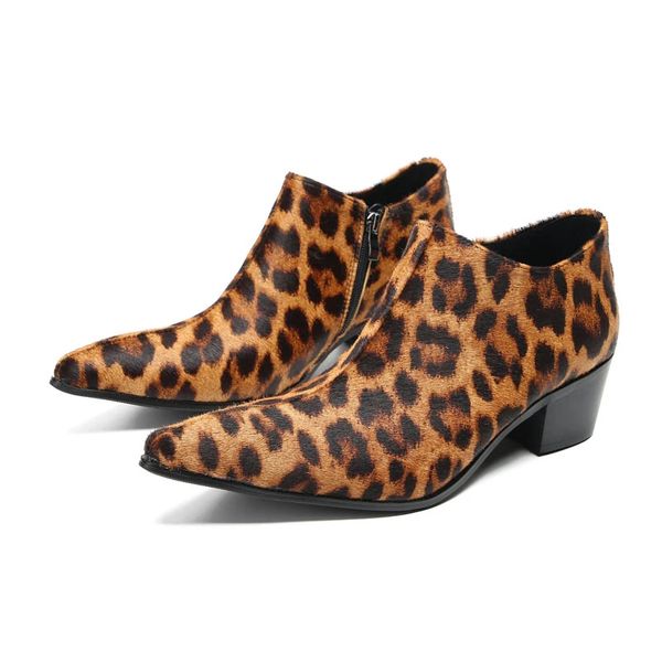 Zapatos de vestir de cuero con estampado de leopardo a la moda para hombre, zapatos de tacón alto con cremallera de 6cm, fiesta de lujo, zapatos de boda para hombre