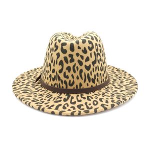 Mode-luipaard print wol vilt jazz fedora hoeden met riem gesp mannen vrouwen brede bruin trilby Panama party formele hoge hoed