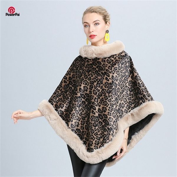 Moda Leopardo Suave Imitación Piel de Conejo Poncho Abrigo Espesar Cálido Forro Mullido Jersey Cape Mujeres Invierno Wraps Shawl S 201214