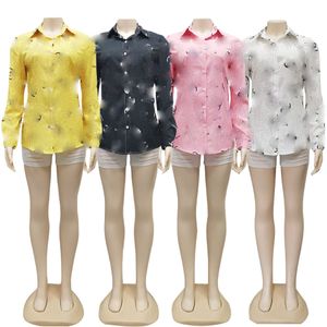 Blusas con estampado de letras a la moda para mujer, cárdigan de manga larga con botones, camisas informales de marca de Color Natural de gasa