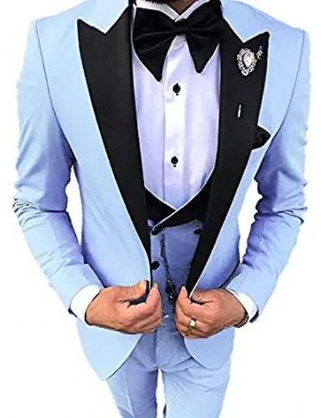 Moda Azul claro Novio Esmoquin Solapa negra Padrinos de boda para hombre Vestido de novia Excelente hombre Chaqueta Blazer Traje de 3 piezas (chaqueta + pantalones + chaleco + corbata) 1819