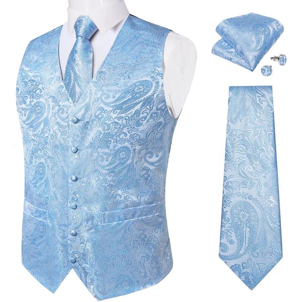 Fashion Blue Blue Paisley Silk Gilet pour hommes avec un mouchoir à cravate