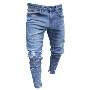 Mode-Light Blue Spark Designer Mens Jeans Lente Herfst Knie Gaten Rits Hiphop Broek Pantalones