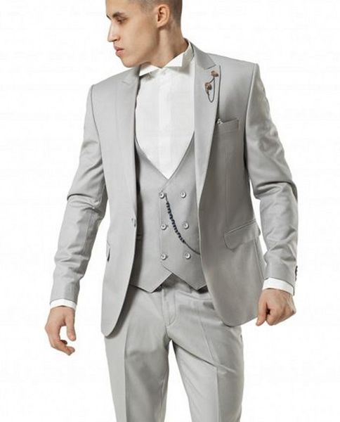 Moda Gris claro Novio Esmoquin Peak Lapel Padrinos de boda Vestido de novia Excelente Hombre Chaqueta Blazer Traje de 3 piezas (Chaqueta + Pantalones + Chaleco + Corbata) 1621