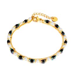 Bracelet de luxe léger empilé multicouche en acier inoxydable, perles en pierre naturelle, chaîne pour femmes, cadeaux 17cm + 3.5cm, n1448