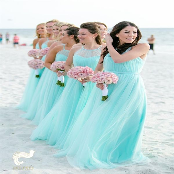 Vestidos de dama de honor de color turquesa claro a la moda de talla grande, tul de playa, vestido de fiesta de invitados de boda barato, vestidos de noche plisados largos 2447