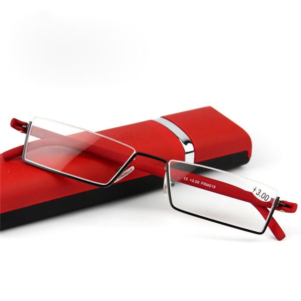 Gafas de lectura compactas y portátiles, TR-90 ligeras, con medio marco de Metal, delgadas, rojas, antifatiga ocular, con caja dioptría + 1,0-+ 3,5