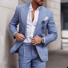 Trajes de lino a la moda para hombre, traje elegante con solapa doble y un botón para hombre, esmoquin informal de negocios para boda, traje de 2 piezas 240125