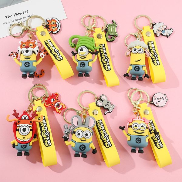 Moda Little Yellow Man Anime Cartoon Doll Llaveros de silicona Chino 12 Llaveros del zodiaco Charm Pendant Creative Animal Keydrop