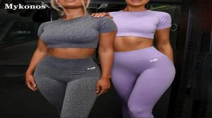 Logo de mode Sport ensemble femmes gris violet deux 2 pièces haut court taille haute Leggings Sportsuit tenue d'entraînement Fitness Gym Yoga ensembles2502130